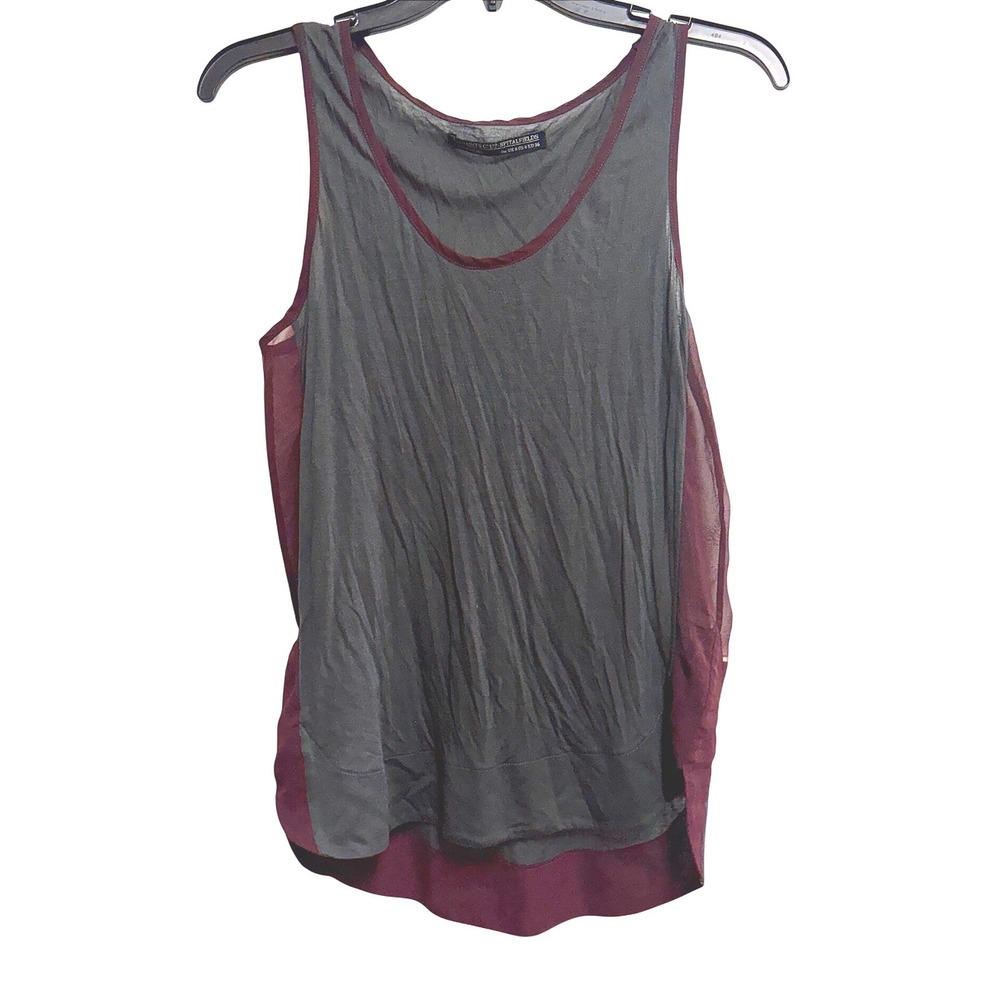 AllSaints Lan Vest Grunge Gray Burgundy Silk Blend Mixed Media Tank Top US 4